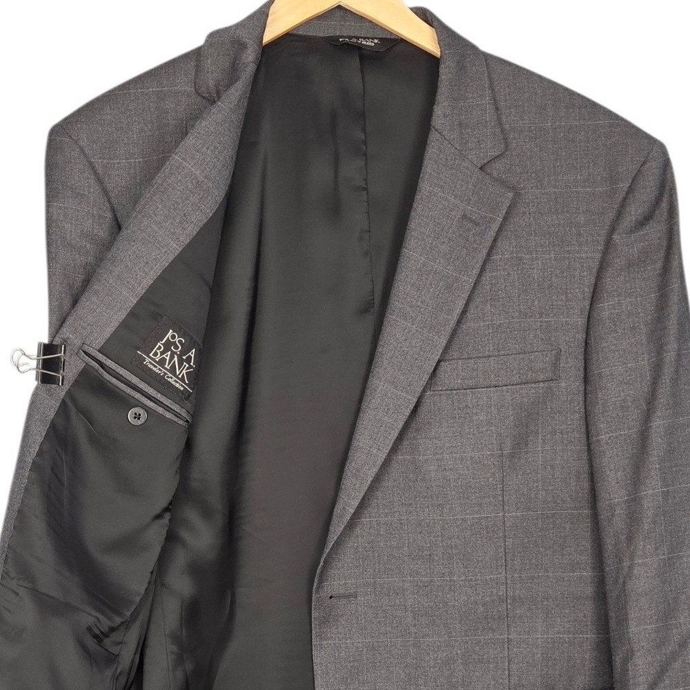 Jos A Bank Travelers Collection Blazer Mens 43R Gray Windowpane Wool Sport Coat‎